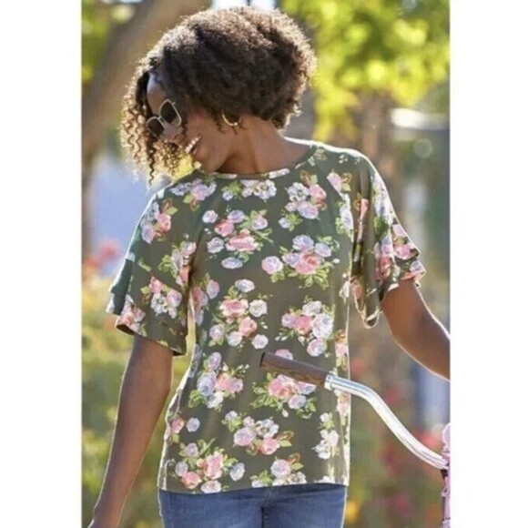 Matilda Jane Womens Sz XS Green Floral Print Ruffle Short Sleeve blouse - Picture 10 of 10